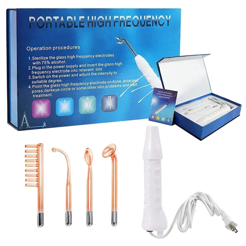 High Frequency Facial Wand – Acne Treatment, Skin Rejuvenation & Anti-Aging Device with 4 Glass Tubes