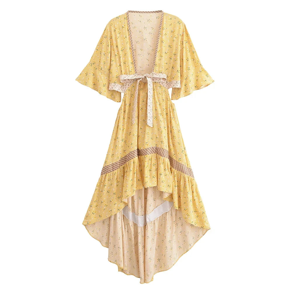Bohemian Hollow Out Beach Dress — Short Sleeve High-Low Boho Maxi Dress