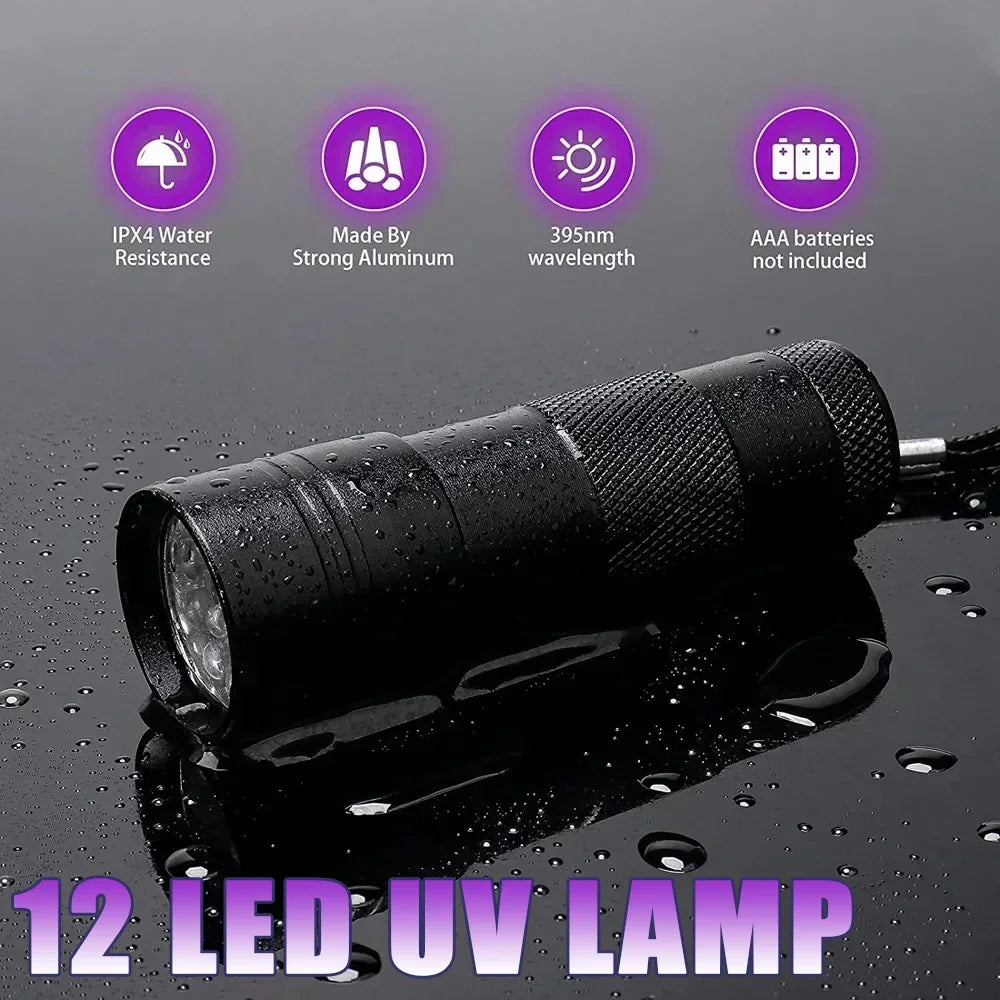 UV Blacklight Flashlight | 9/12 LED 395nm, Pet Urine & Stain Detector, Waterproof Aluminum, Batteries Not Included