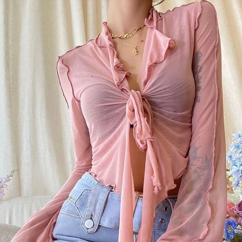 Women's Long Flare Sleeve Blouse – Lace-Up Mesh Korean Fashion Elegant Casual Solid Top