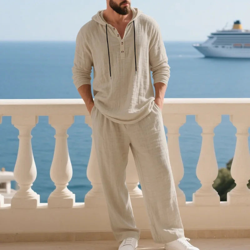 Men's Linen Casual Loose Hooded Henley Shirt & Long Pants Set – Relaxed Autumn 2-Piece Suit