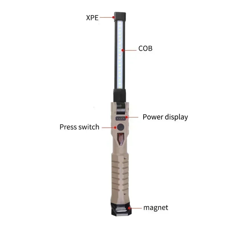 Folding COB+XPE LED Work Light – USB Rechargeable, 180° Foldable, Magnetic Base, Hook, Red SOS, Car Repair