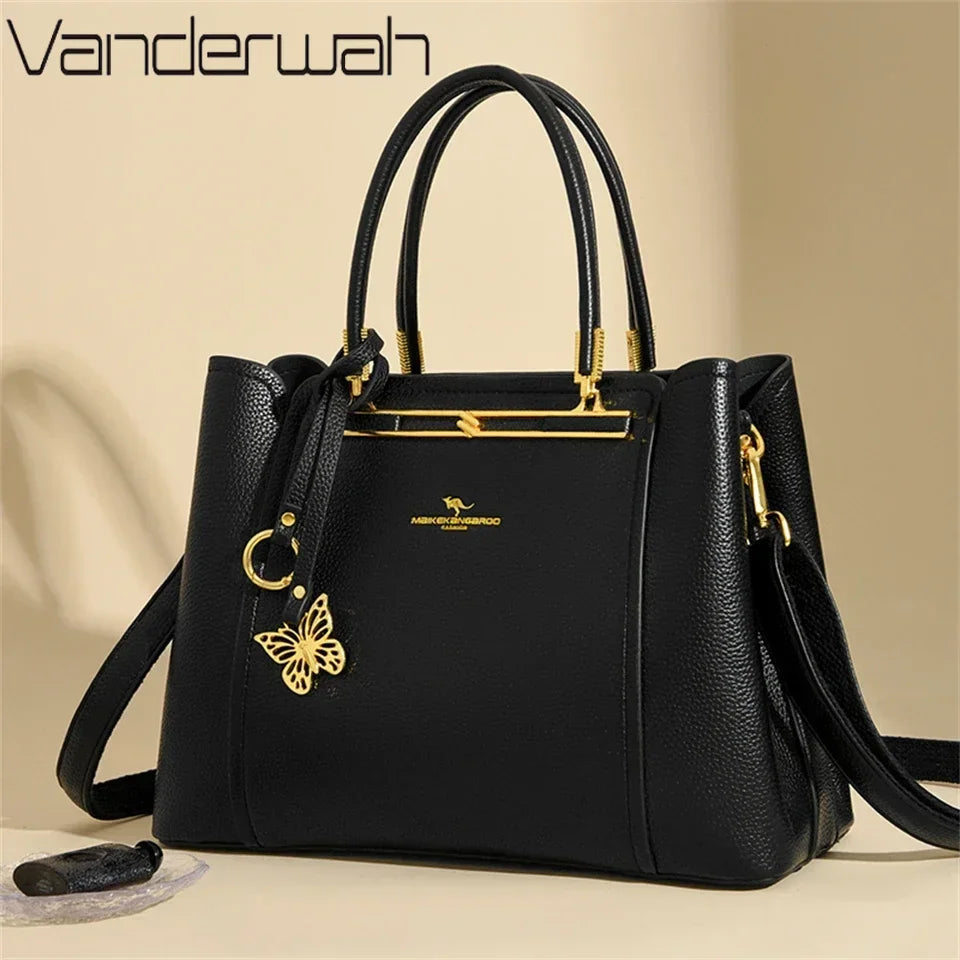 Luxury Genuine Leather 3-Layer Tote Bag – Large Capacity Crossbody Shoulder Bag for Women