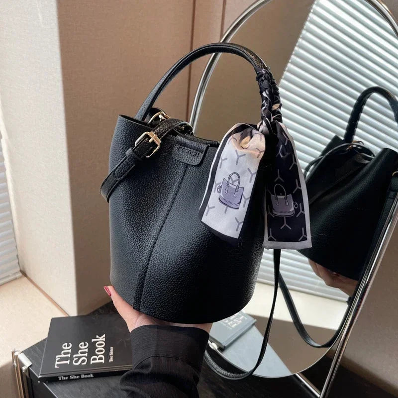 Fashion Simple PU Leather Bucket Shoulder Bag – Luxury Commuter Handbag for Women