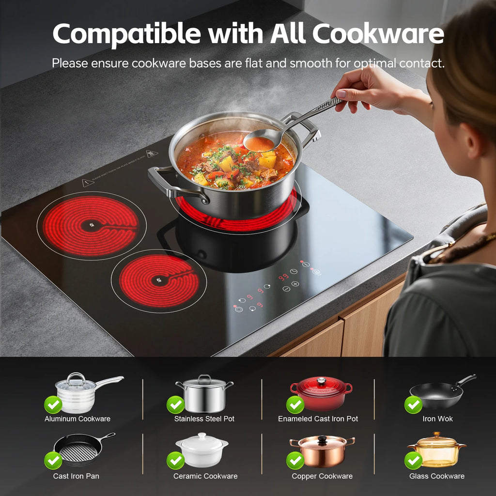 2-Zone Ceramic Hob – 3000W, Child Lock, 9 Heat Levels, 1-99 Min Timer, 60cm Black Glass (CE Certified)