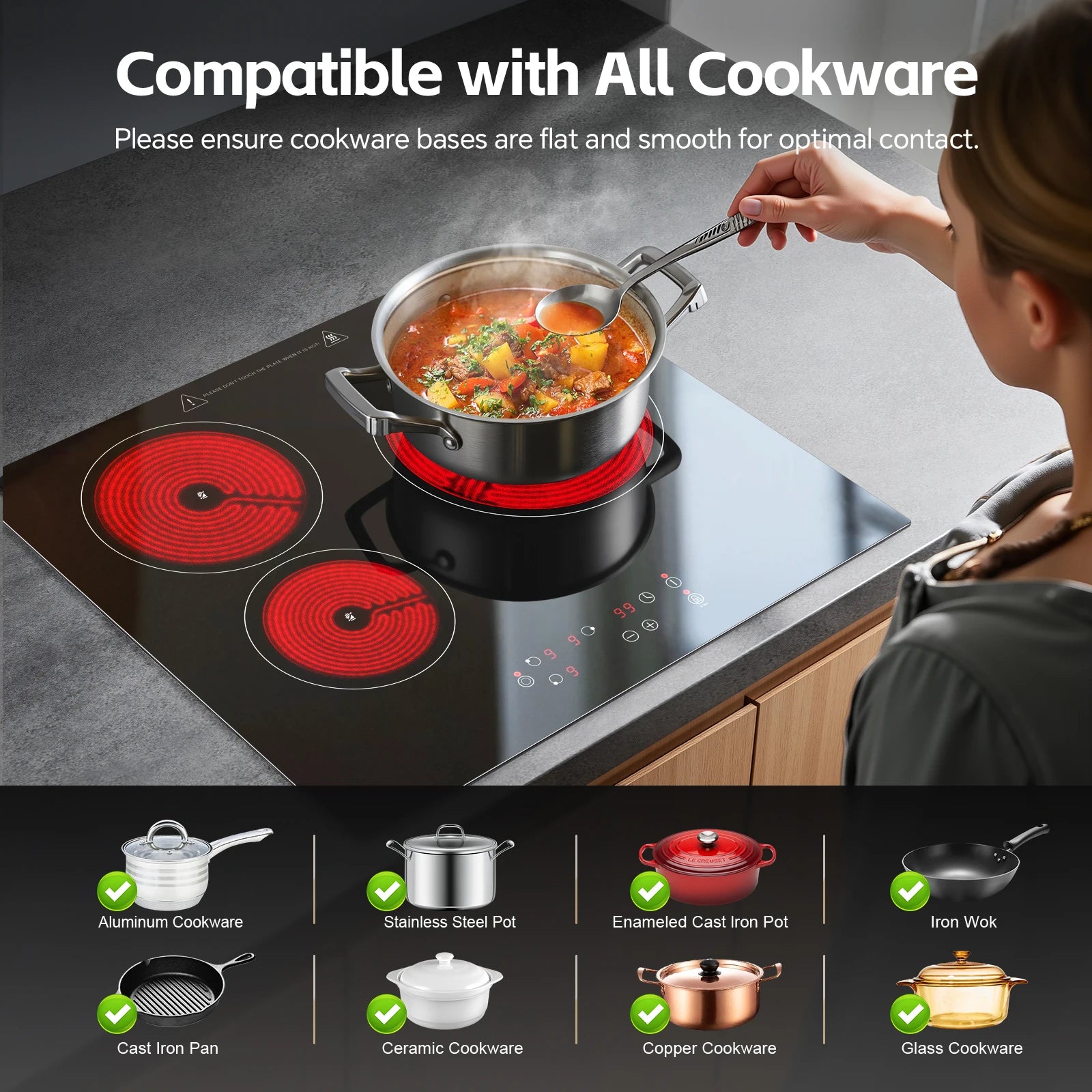 2-Zone Ceramic Hob – 3000W, Child Lock, 9 Heat Levels, 1-99 Min Timer, 60cm Black Glass (CE Certified)