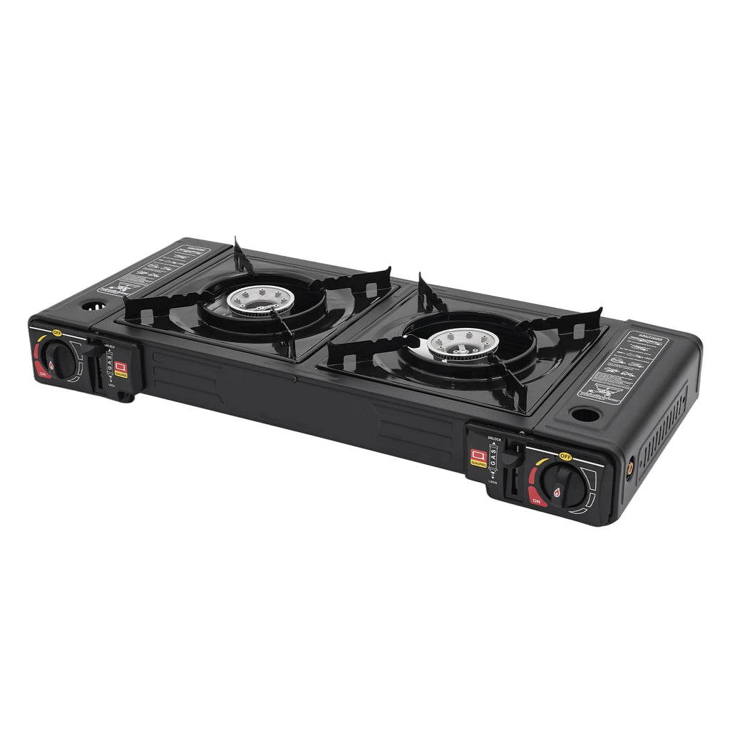 2-Burner Portable Camping Stove — 2500W Each, Butane/LPG, Piezo Ignition, Carry Case Included