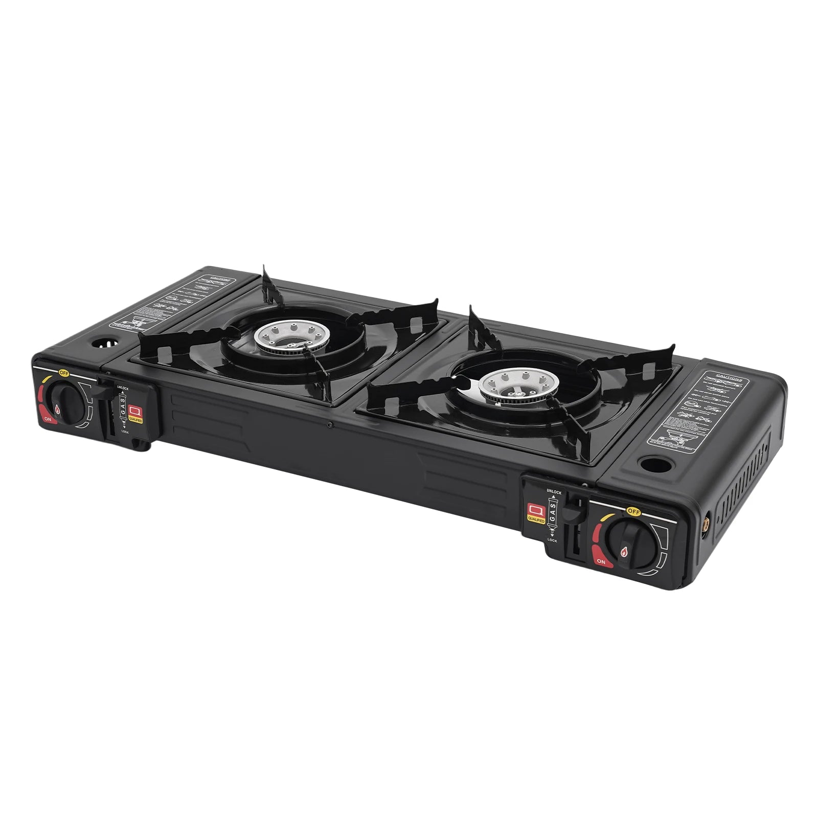 2-Burner Portable Camping Stove — 2500W Each, Butane/LPG, Piezo Ignition, Carry Case Included
