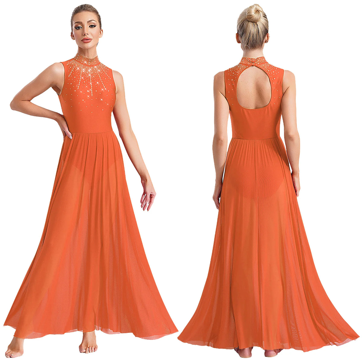 Rhinestone Maxi Sleeveless Contemporary Dance Dress — Mock Neck Wide Hemline Lyrical Leotard