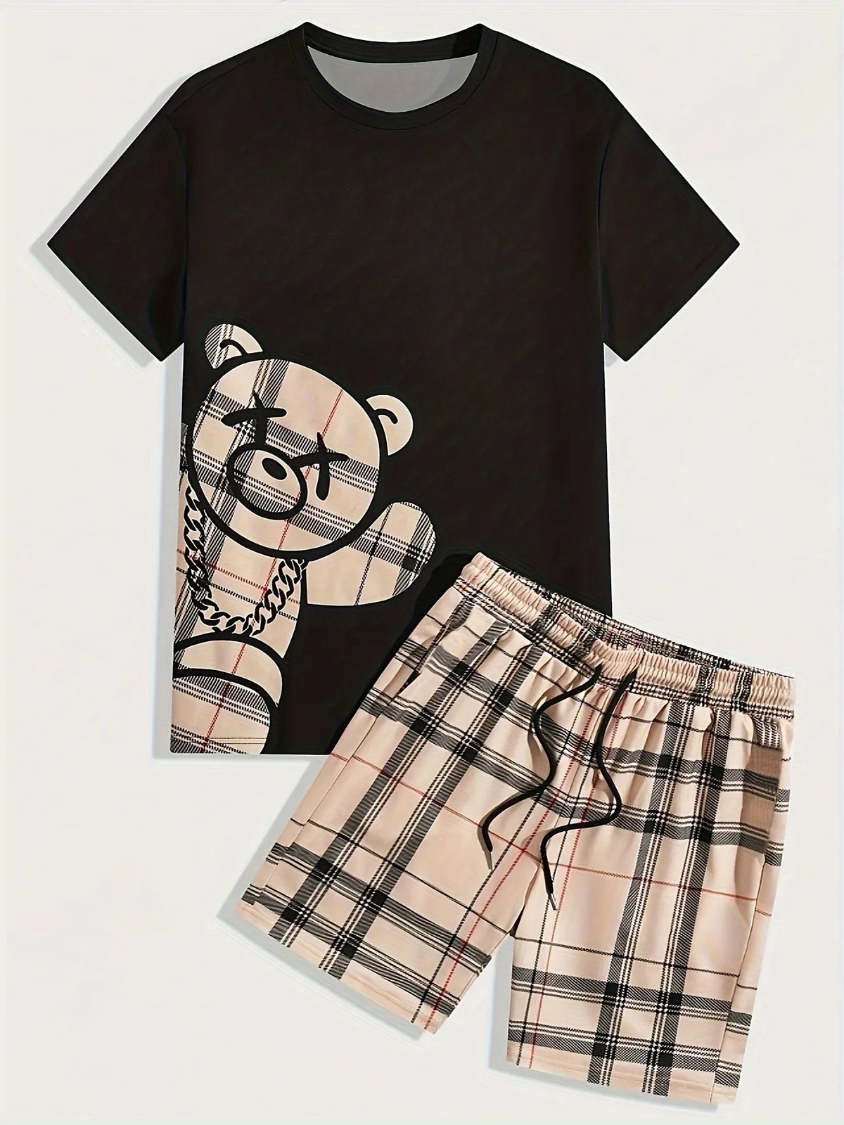 Men's Hip-Hop Bear Print Short Sleeve Sports Set – Quick-Dry 2-Piece Streetwear