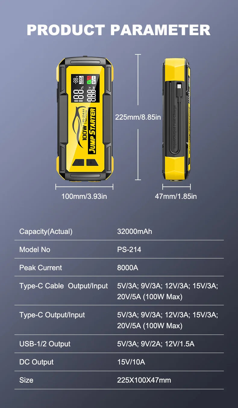 32000mAh Car Emergency Jump Starter — Portable Battery Booster with Power Bank