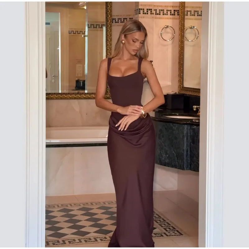 Brown Square-Neck Pleated Mini Dress — Sleeveless Backless Bodycon Club Dress