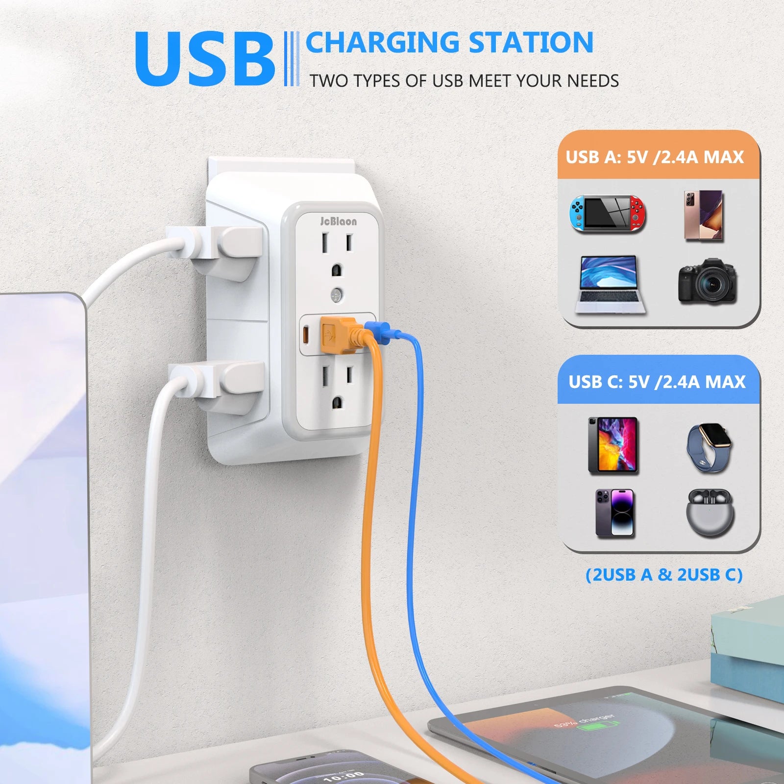 Multi-Socket Wall Outlet Extender — Surge Protected Power Strip with USB Ports