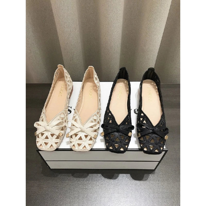 Elegant Ladies' Lace-up Bow Flat Shoes, Breathable Mesh Hollow Out Loafers, Comfortable Walking Shoes for Daily Wear