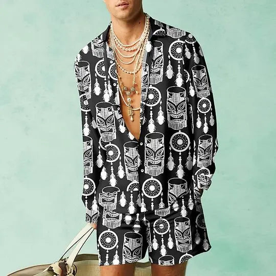 Men's Hawaiian Print Shirt & Drawstring Shorts Beach Vacation Set
