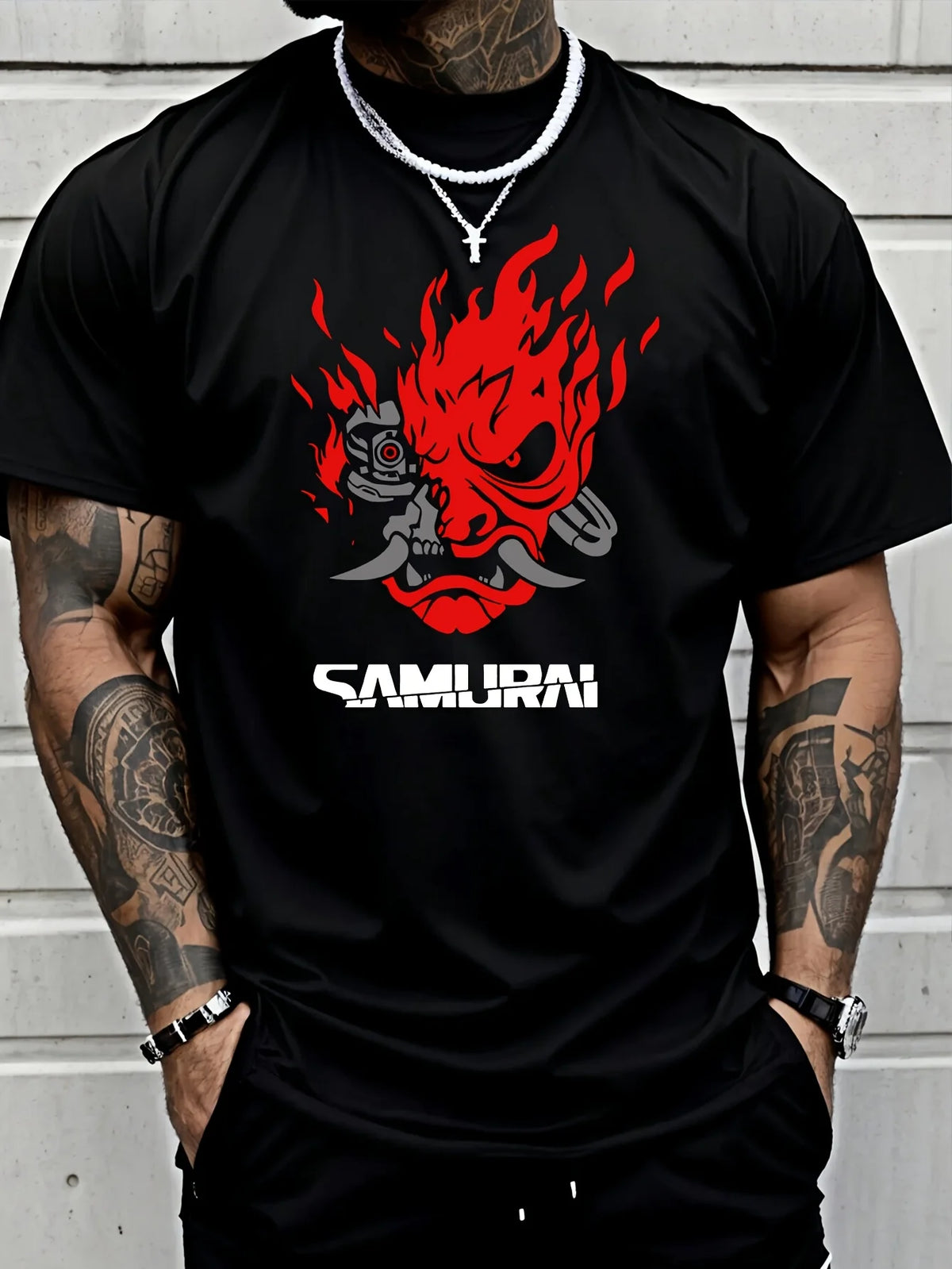 Samurai Print 100% Cotton T-Shirt — Hip-Hop Streetwear Short Sleeve Tee