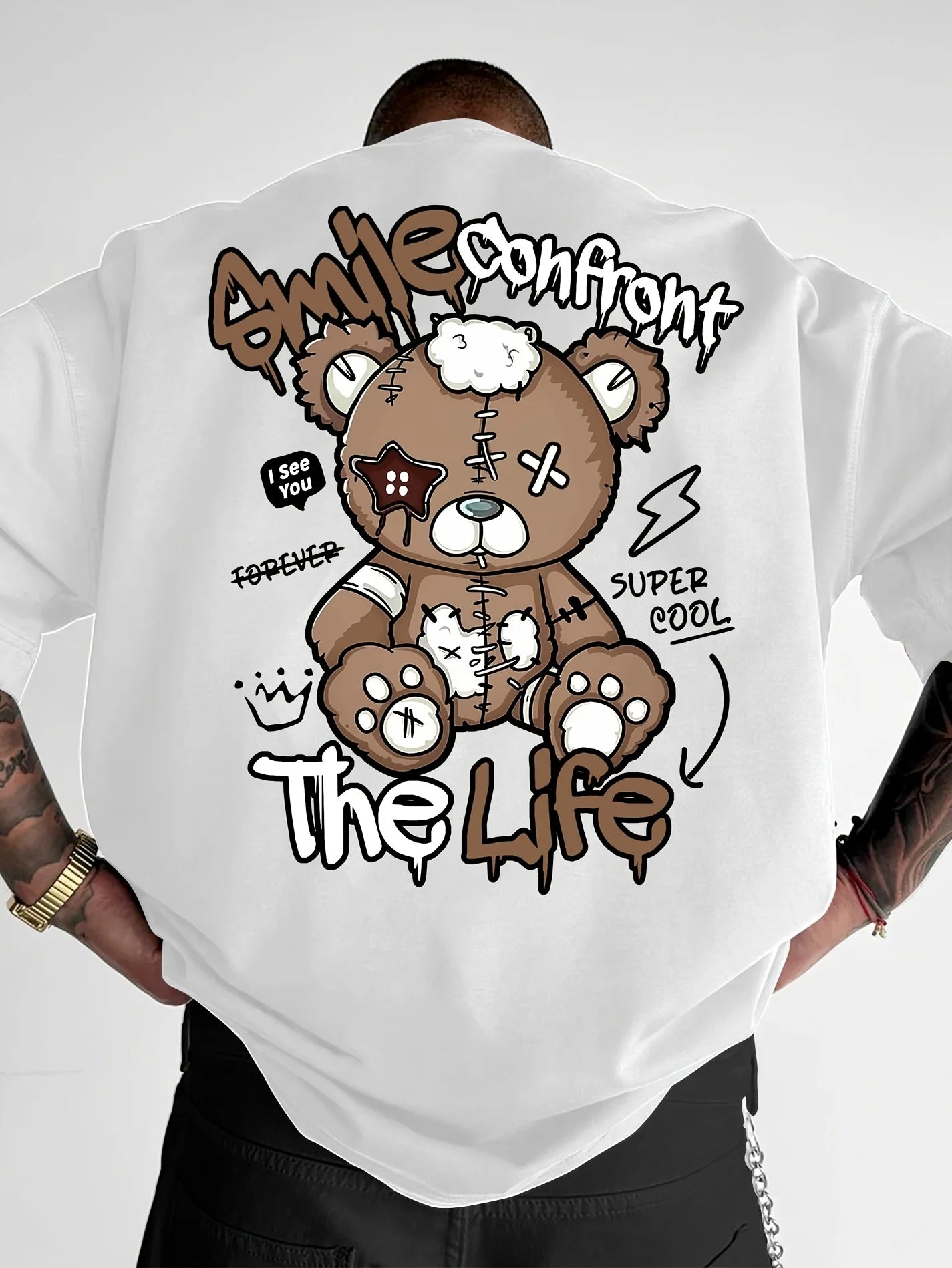 Men's Teddy Bear Letter Print T-Shirt — Breathable High Street Summer Tee