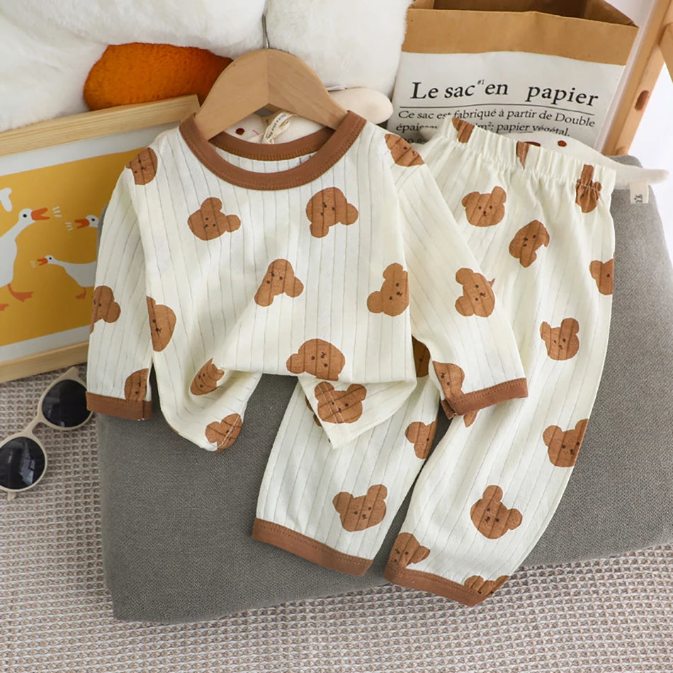 Kids' Cartoon Bear Long Sleeve Pajamas Set | Soft Breathable Sleepwear Boys & Girls