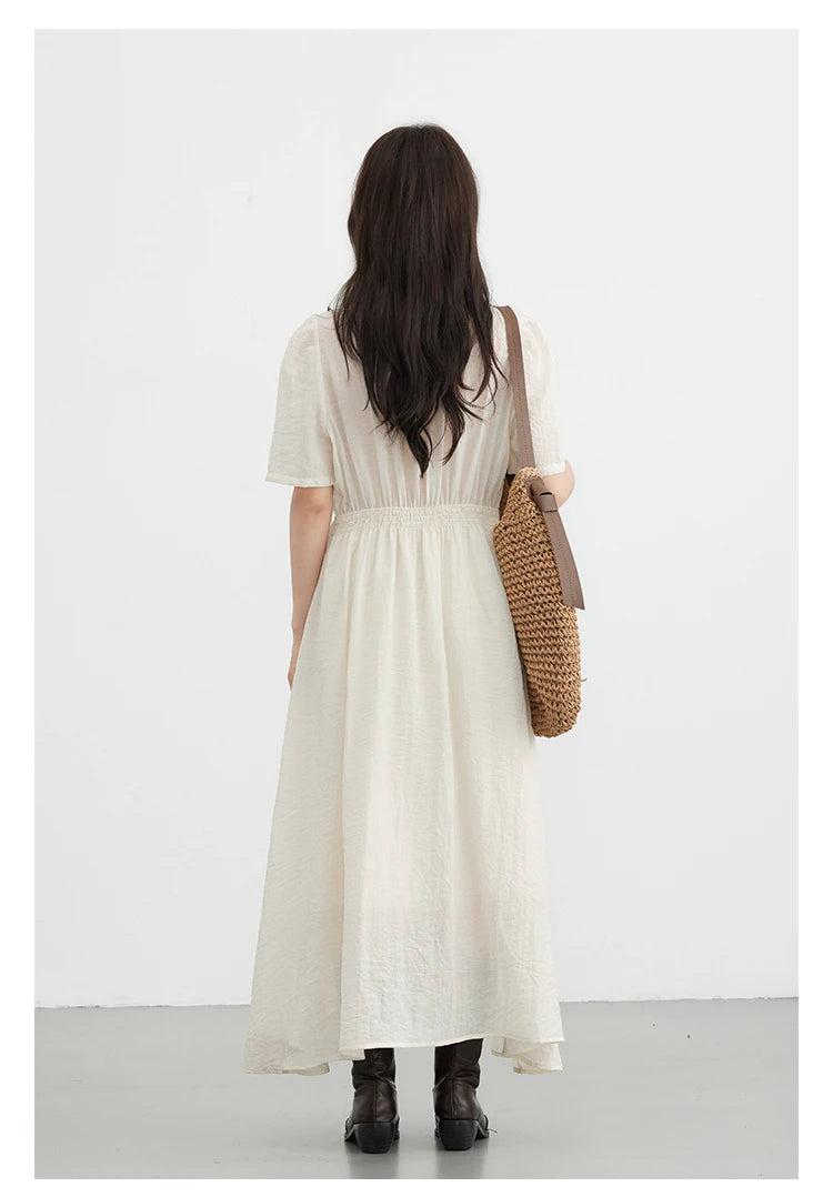 CHIC VEN Women Dresses French Style Vintage V-neck Puff Sleeve Long Dress Solid Black Loose Female Clothing Summer New 2023