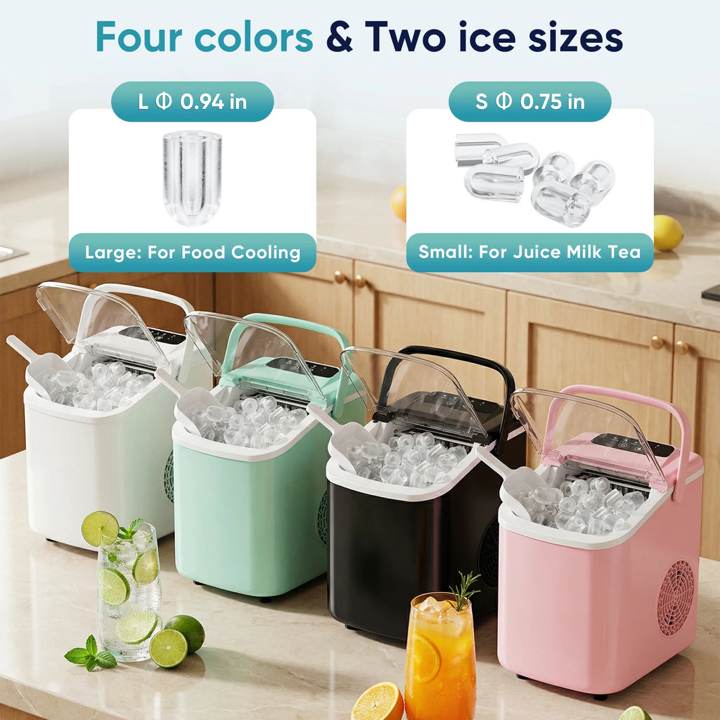 JHK Portable Countertop Ice Maker – 9 Ice Cubes in 6 Min, 26.5 lbs/24Hr, Scoop & Basket Included