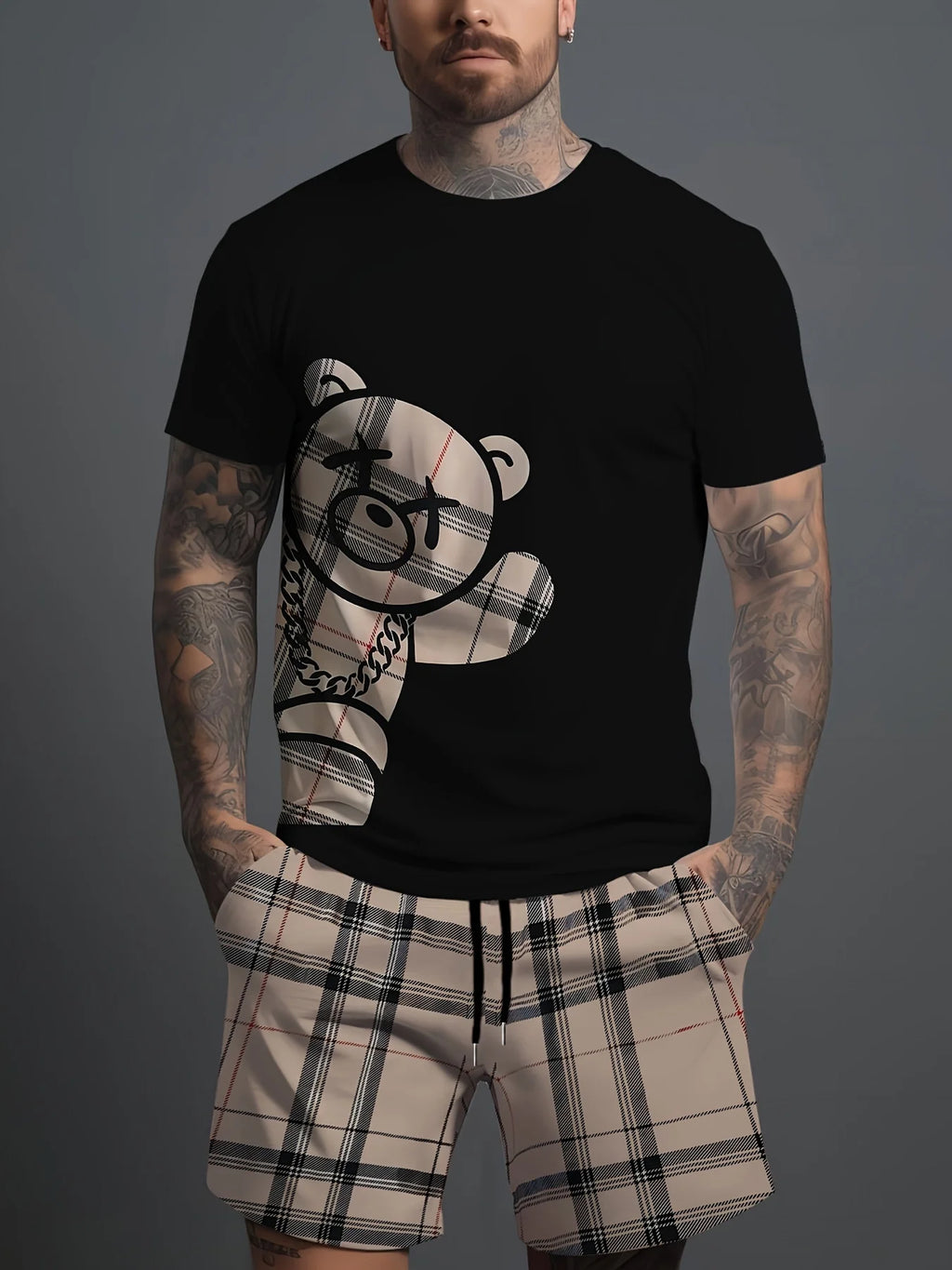 Men's Hip-Hop Bear Print Short Sleeve Sports Set – Quick-Dry 2-Piece Streetwear