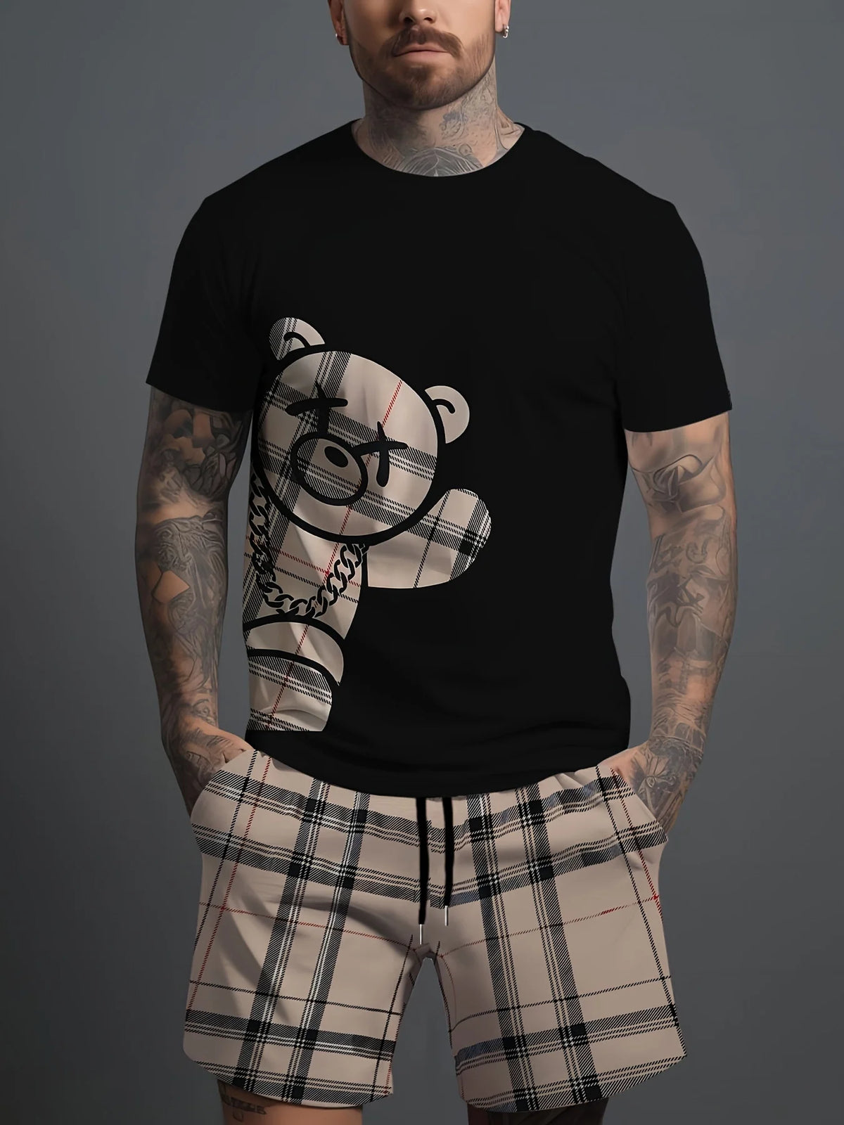 Men's Hip-Hop Bear Print Short Sleeve Sports Set – Quick-Dry 2-Piece Streetwear