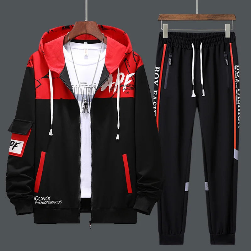 Men's Patchwork Hoodie & Sweatpants 2-Piece Tracksuit – Hip Hop Streetwear Set
