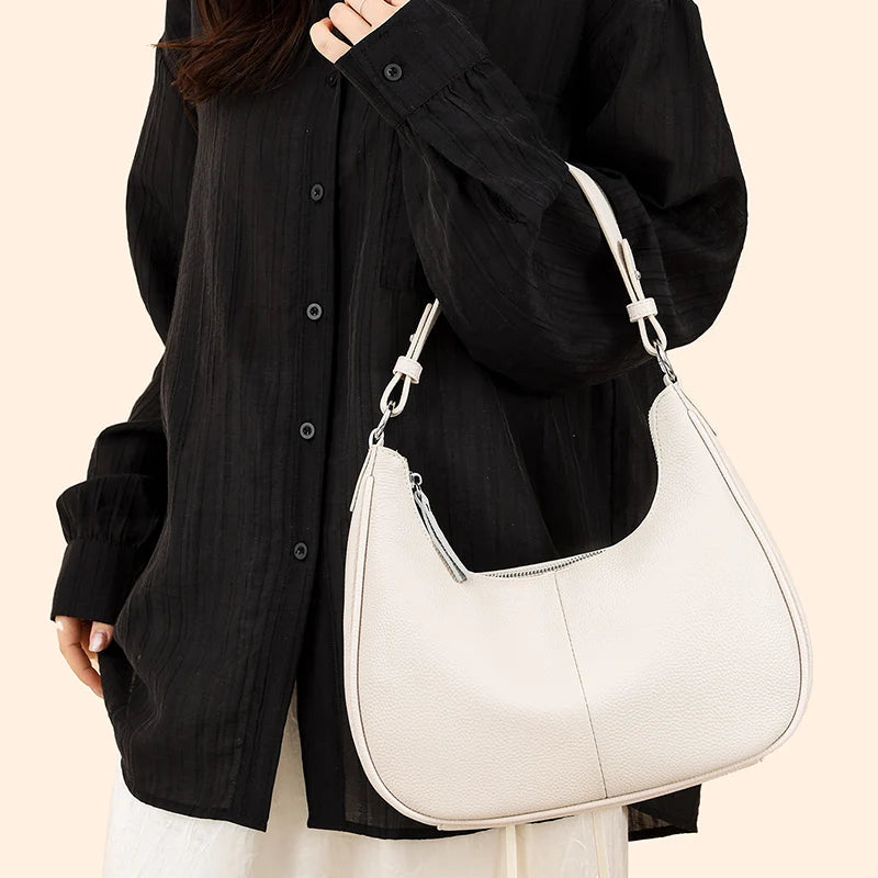 100% Genuine Cowhide Leather Half-Moon Underarm Tote Bag – Crossbody Shoulder Bag for Women