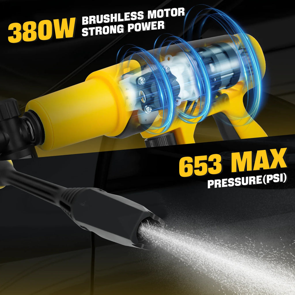 380W Cordless Brushless Pressure Washer – 653PSI, LCD Display, Foam Cannon Kit, DeWalt 20V Compatible (No Battery)