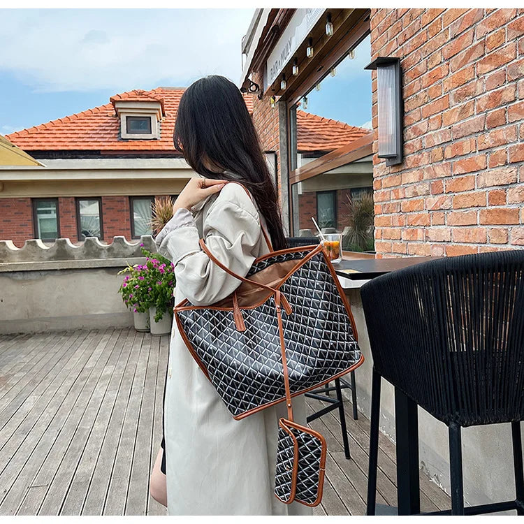 Embroidered Geometric PU Tote Shoulder Bag – Versatile Large Capacity Shopping Class Bag for Women