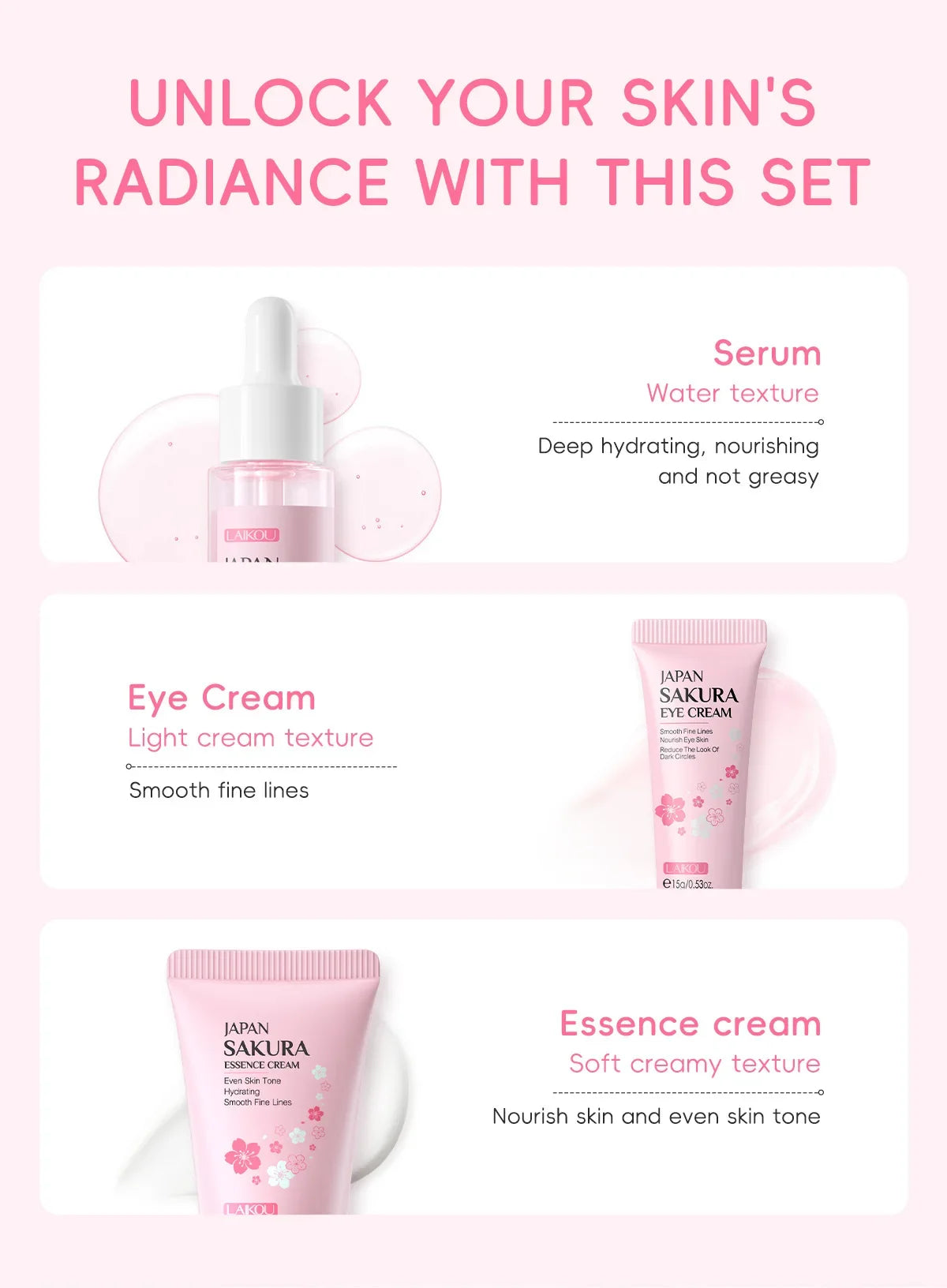 LAIKOU Sakura Skincare Gift Set – Brightening Serum, Eye Cream & Essence Cream 3-Piece Box