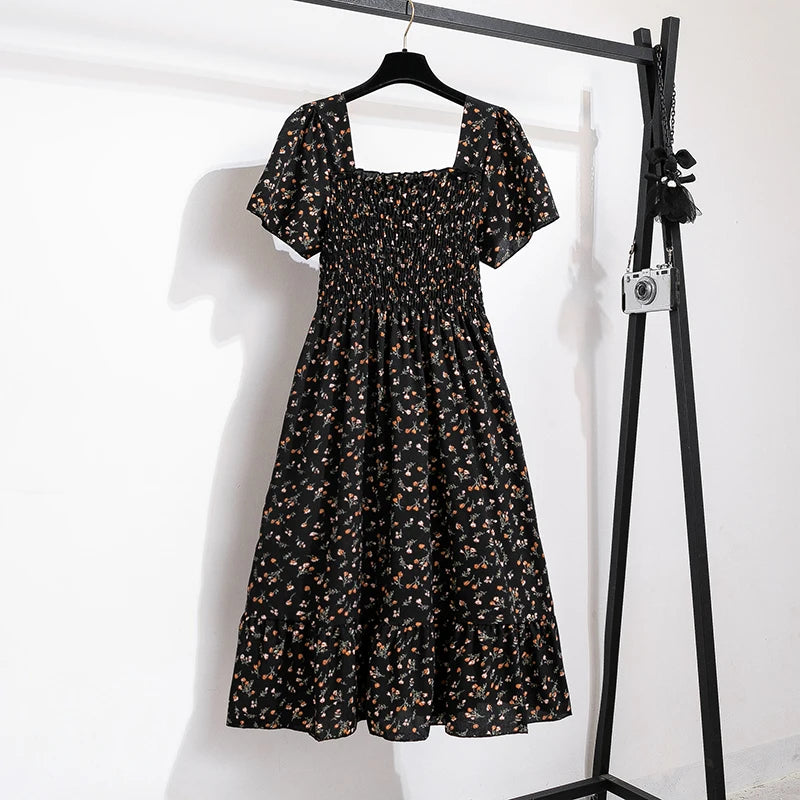Women's Chiffon Floral Pleated Midi Dress – Short Sleeve Elastic Waist Backless Casual Dress