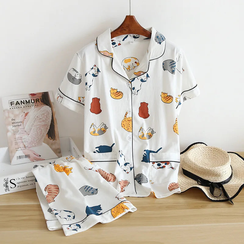 Women's Japanese Style 100% Cotton Cartoon Pajama Set | Short Sleeve & Shorts Sleepwear