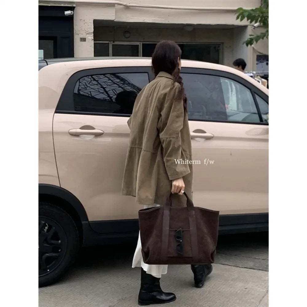 Large Capacity Retro Faux Suede Shoulder Tote Bag – Luxury Commuter Travel Handbag for Women