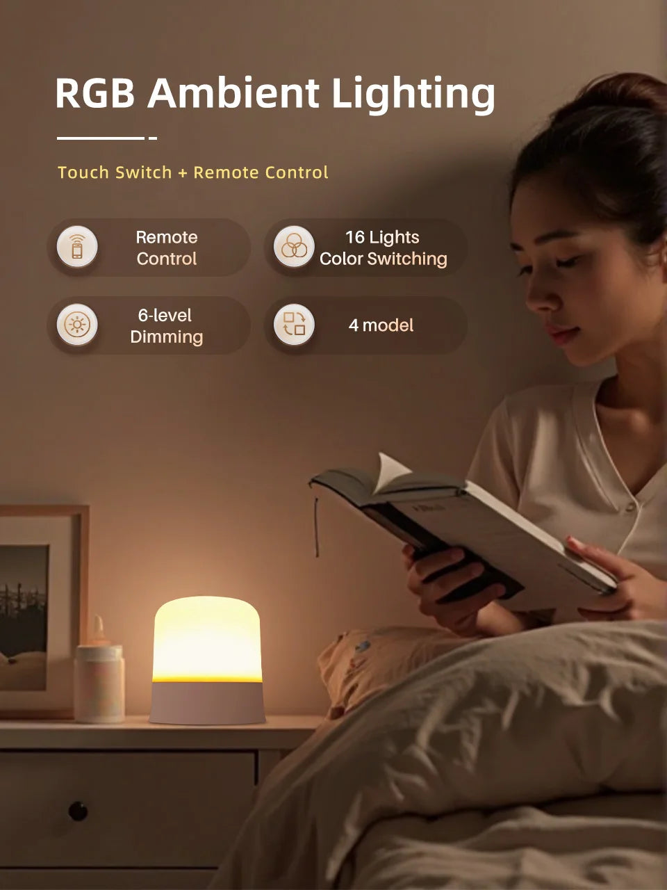 RGB Touch Night Light – Rechargeable Dimmable Table Lamp with Remote for Bedroom & Living Room