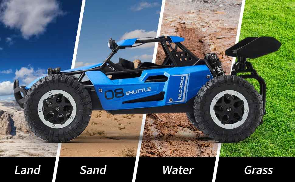 Blue remote control car on a background with land, sand, water, and grass textures.