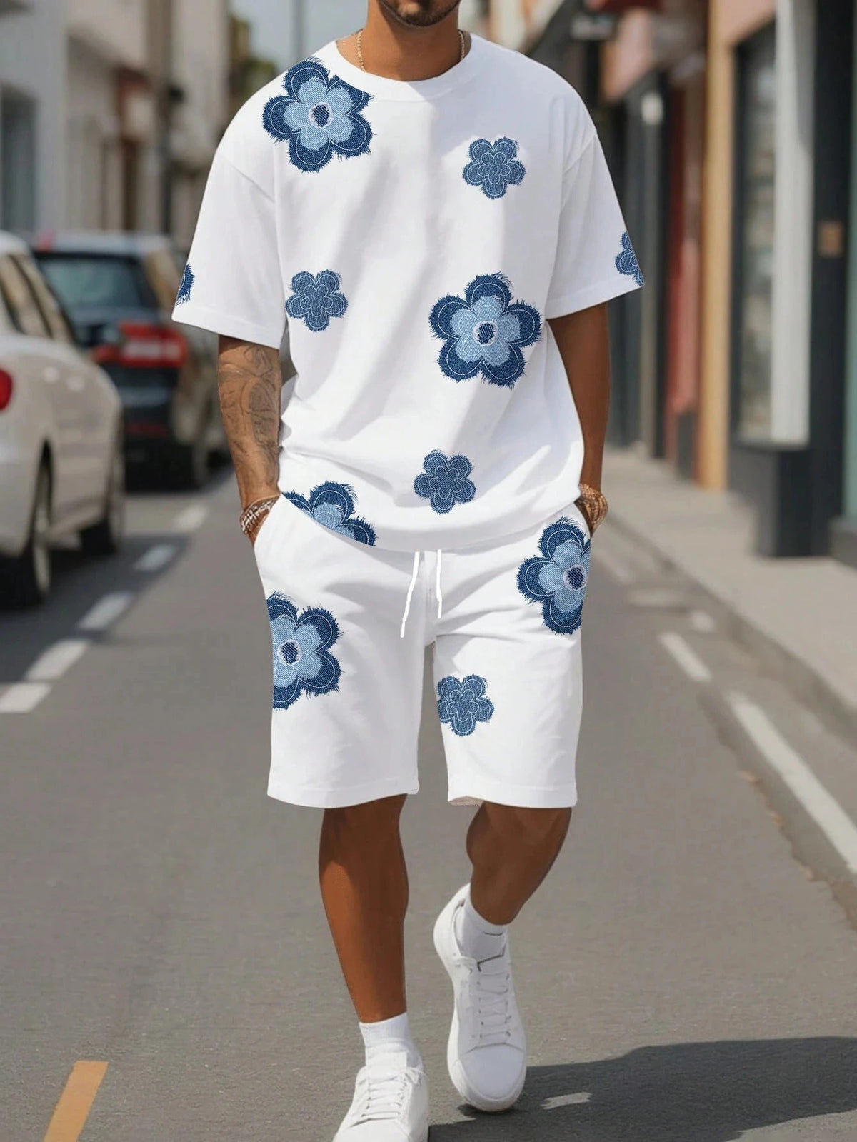 Men's Flower Graphic Print T-Shirt & Elastic Waist Shorts Casual Two-Piece Set