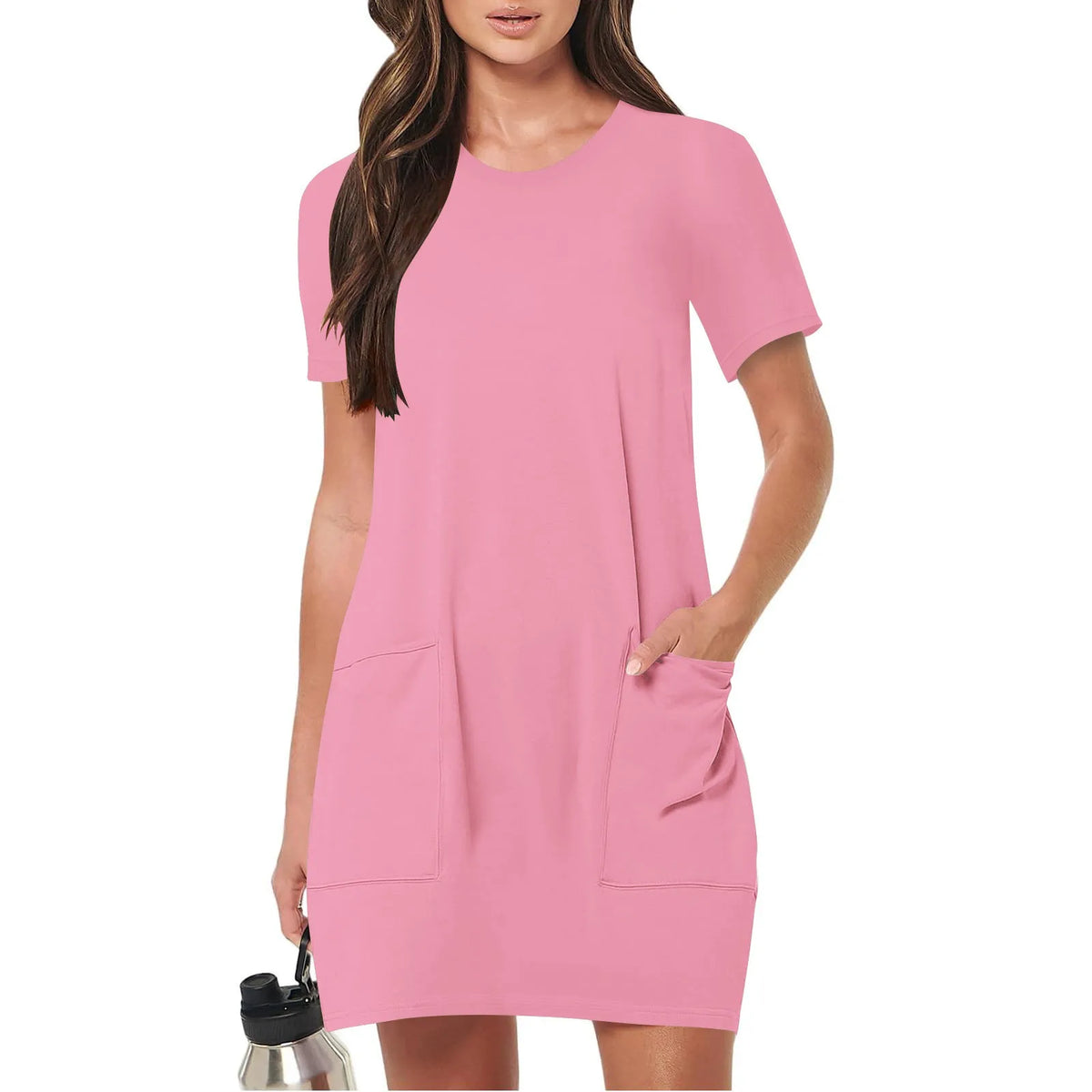 Solid Color Pocket Casual Sports Dress — Short Sleeve O-Neck A-Line Knee-Length Dress