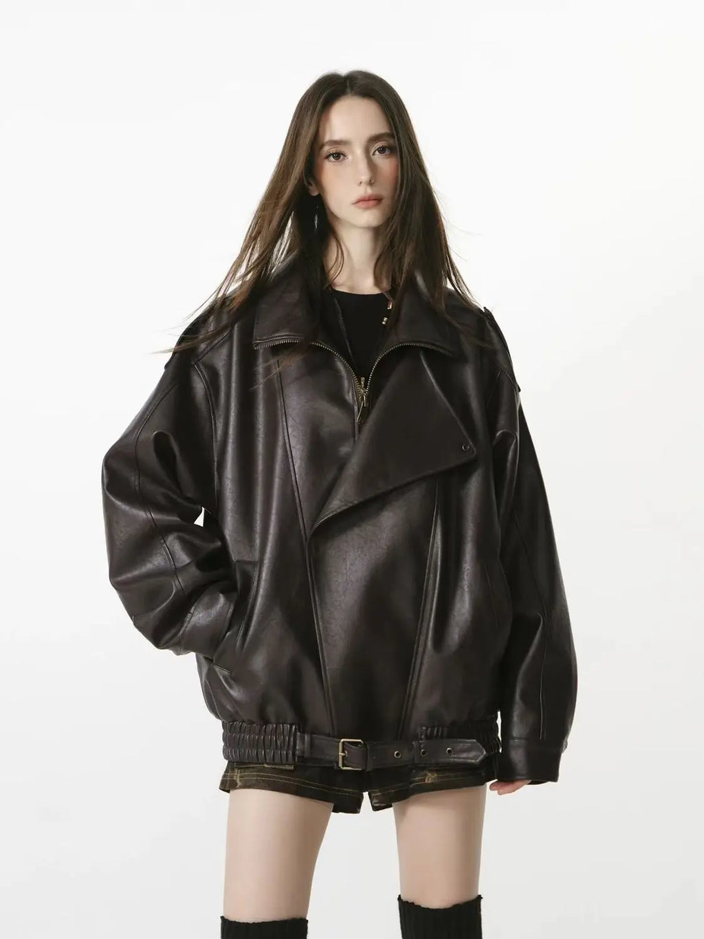 Women's Faux Leather Jacket – Loose Fit Zip Front