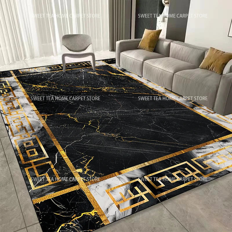 Modern Golden Frame Luxury Carpet – Washable Large Area Rug for Living Room & Bedroom