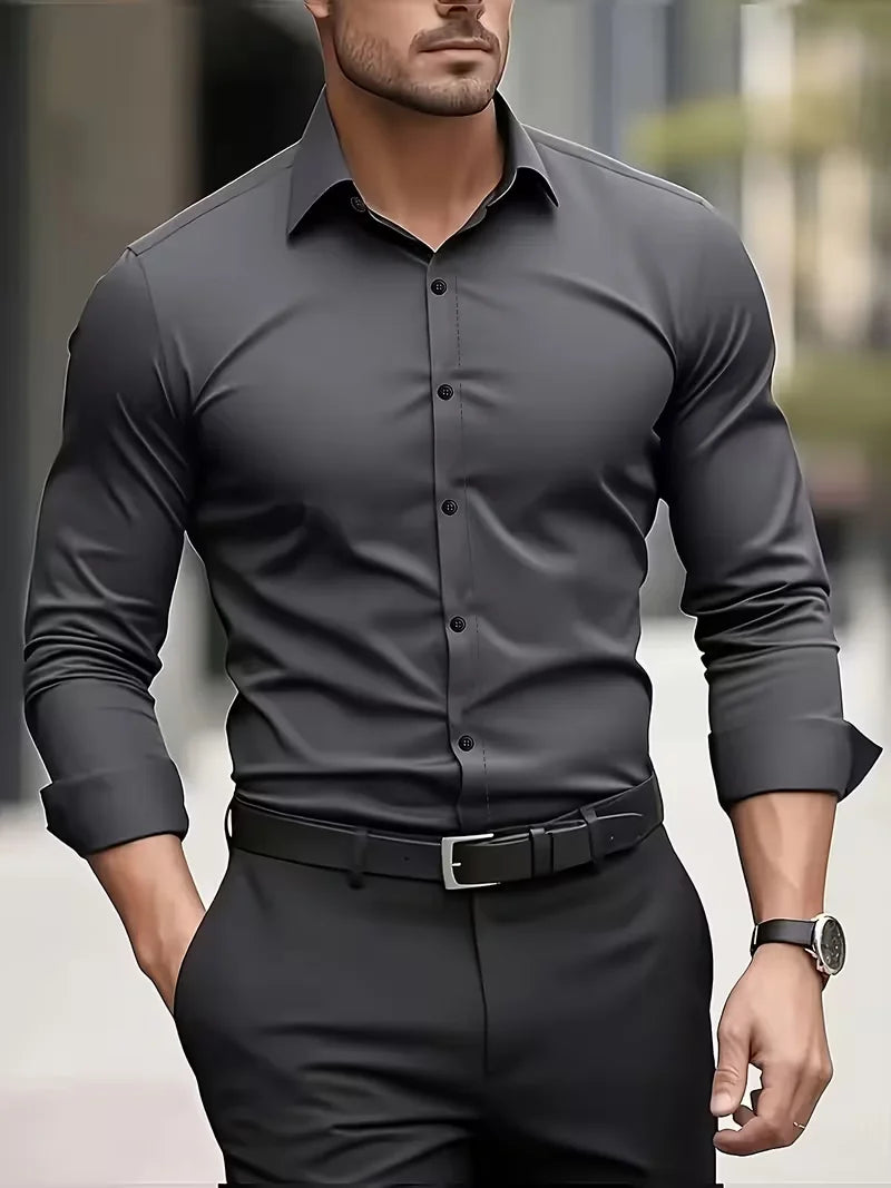 Men's Long Sleeve Business Casual Shirt — Lightweight Breathable Work Top