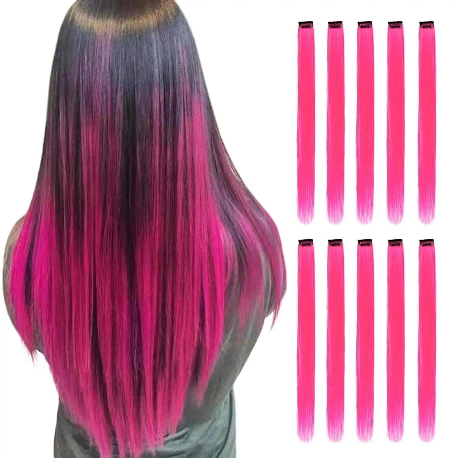Synthetic 10PC Colored Clip-In Hair Extensions — Kinky Straight, High Temp Fiber, 70g Set