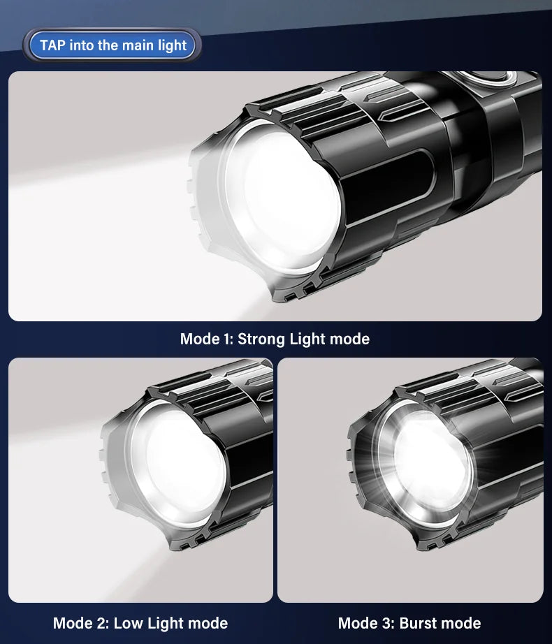 Zoomable LED Flashlight – USB-C Rechargeable, 3 Modes, Waterproof, 8–12hr Runtime for Camping & Hunting