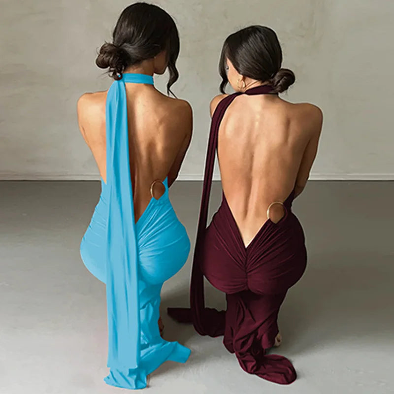 Backless Ruched Slim Bodycon Maxi Dress — Elegant Formal Wedding Guest Evening Dress