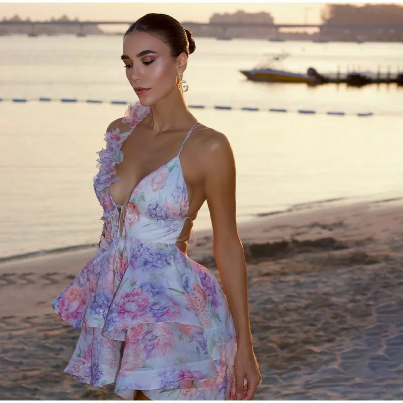 Tie-Dye 3D Flower Mini Dress — Deep V-Neck Flare Sleeve Holiday Dress