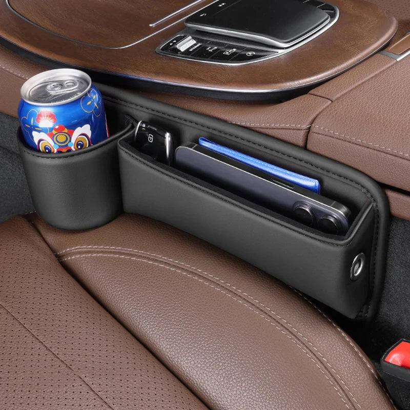 Car organizer with cup holder and compartments on a car seat