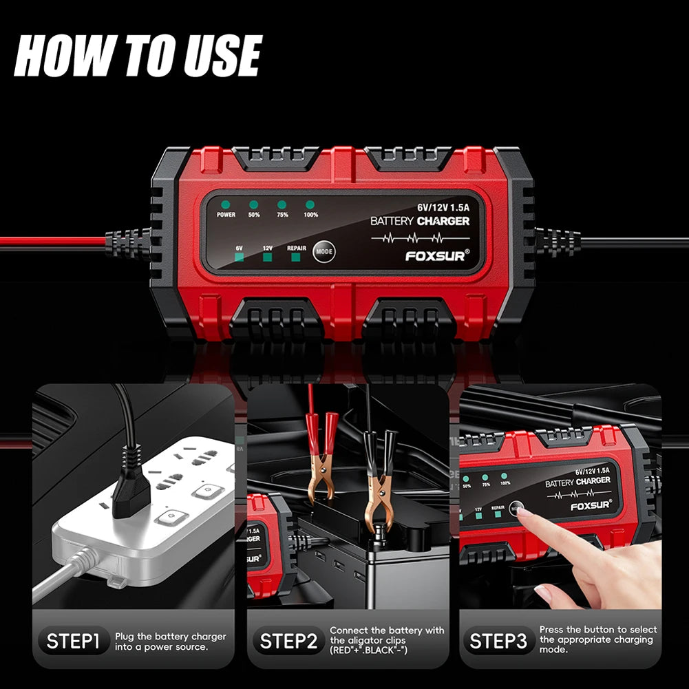 6V/12V 1.5A Smart Car & Motorcycle Battery Charger – Lead-Acid AGM GEL Charging Unit
