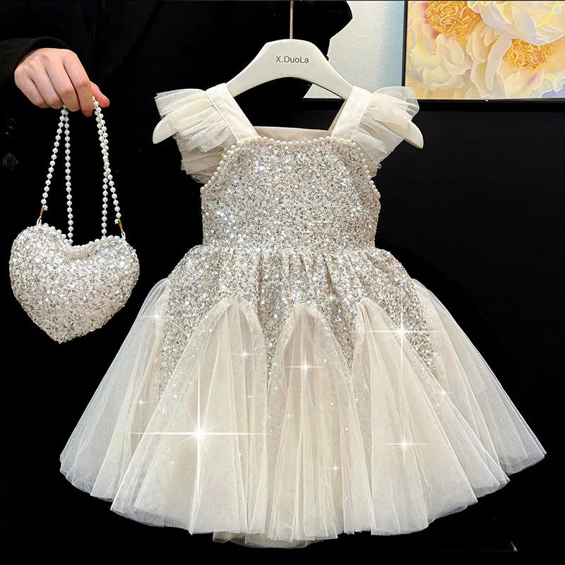Sequin Flying Sleeve Girls Party Dress — Elegant Mesh Vest Princess Prom Dress