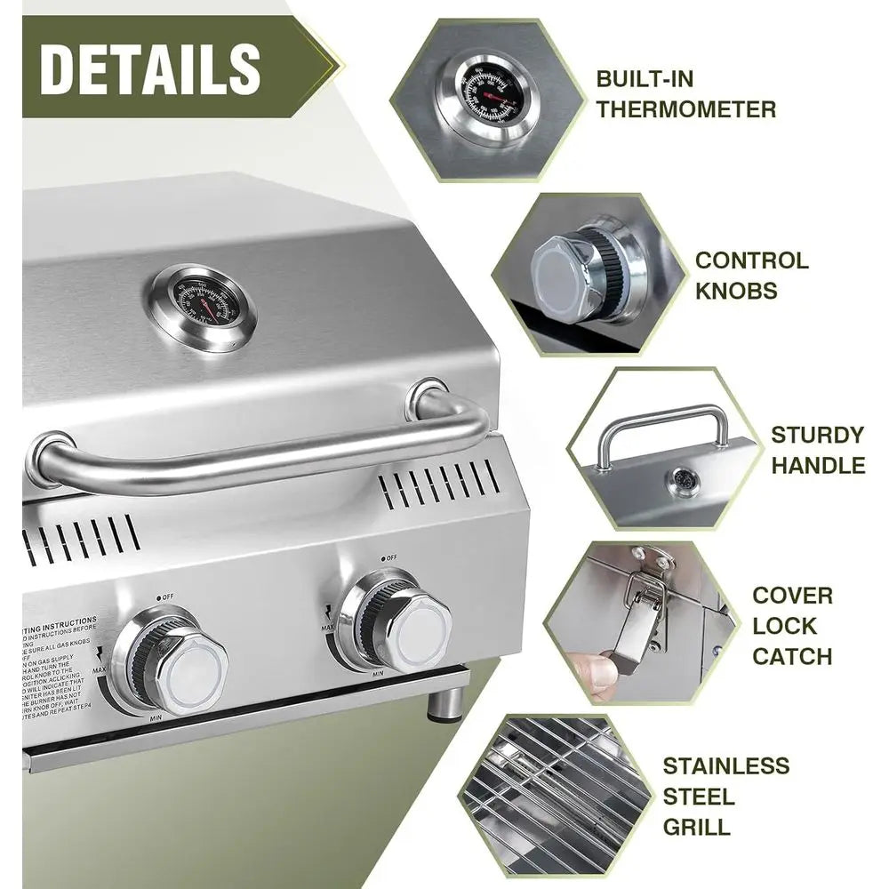 Portable 2-Burner Stainless Steel Propane Grill | 20,000 BTU, Push-Button Ignition, Built-In Thermometer, Outdoor, Camping & RV