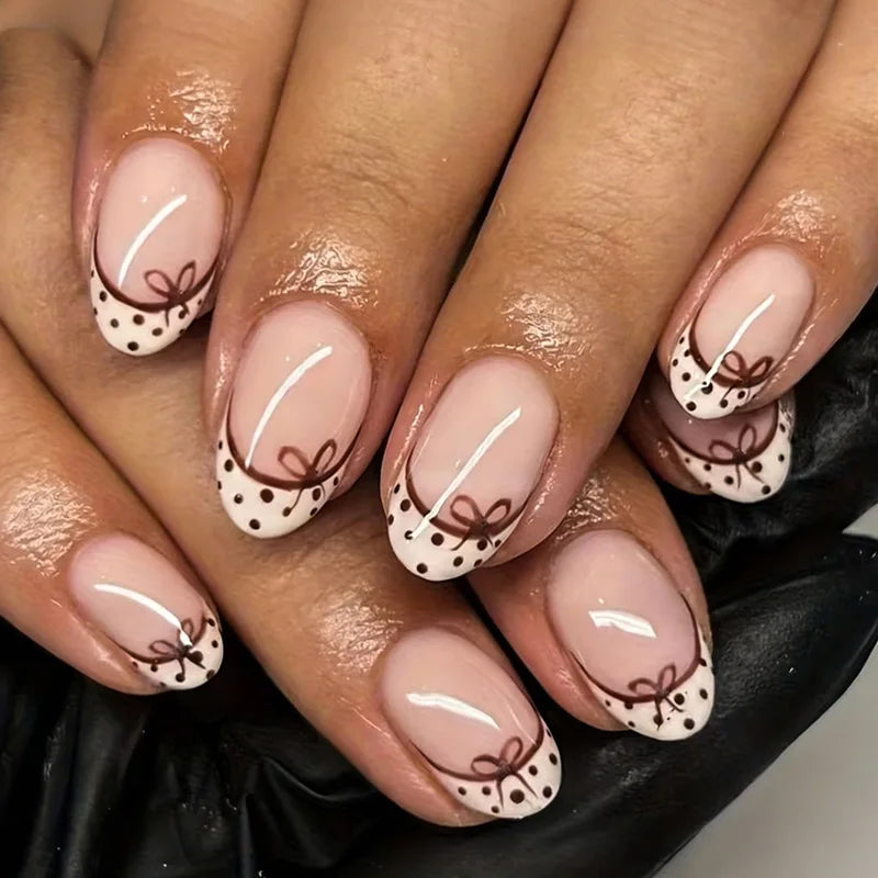 French Press-On Nails – 24-Piece Short Round False Nail Tips, Black & White Polka Dot & Nude Designs, 4 Styles